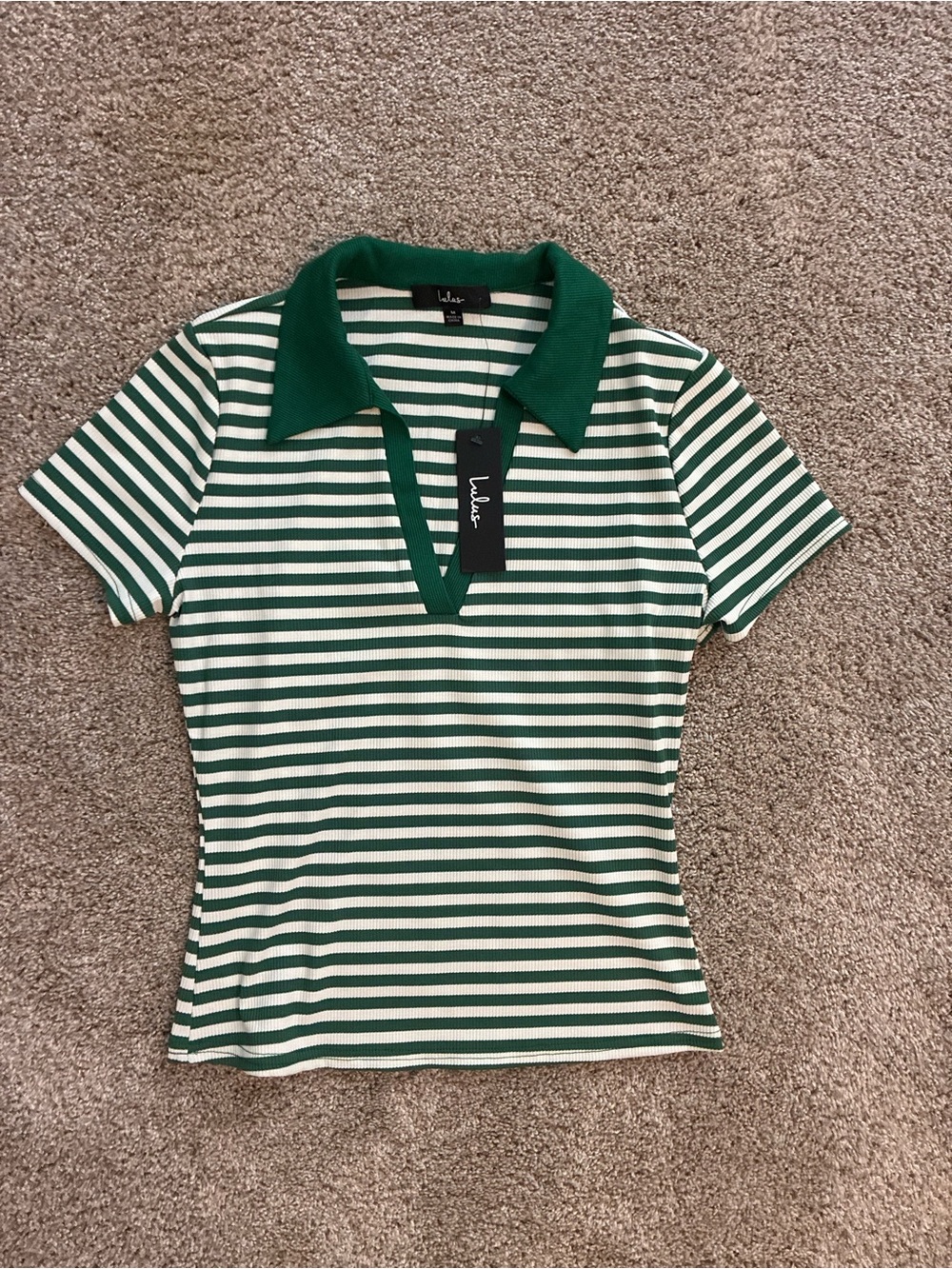 NWT Lulu's Green & White Striped V‑Neck Polo Tee